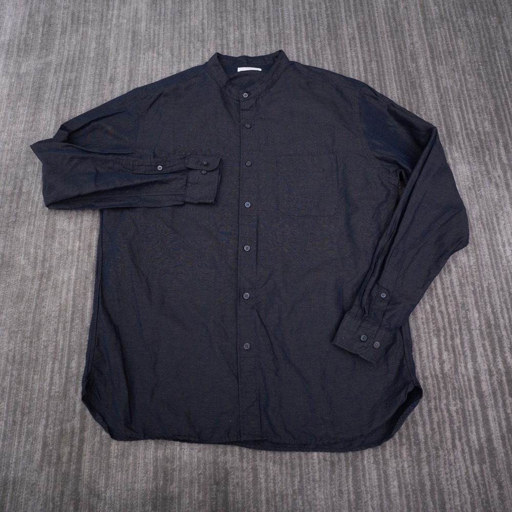 Uniqlo Button Up Shirt Mens XL Navy Blue Excellent Linen Cotton Band Collar